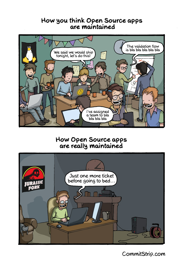Comic strip showing the expectation that a team is working on FOSS while it&rsquo;s just one person in reality.
